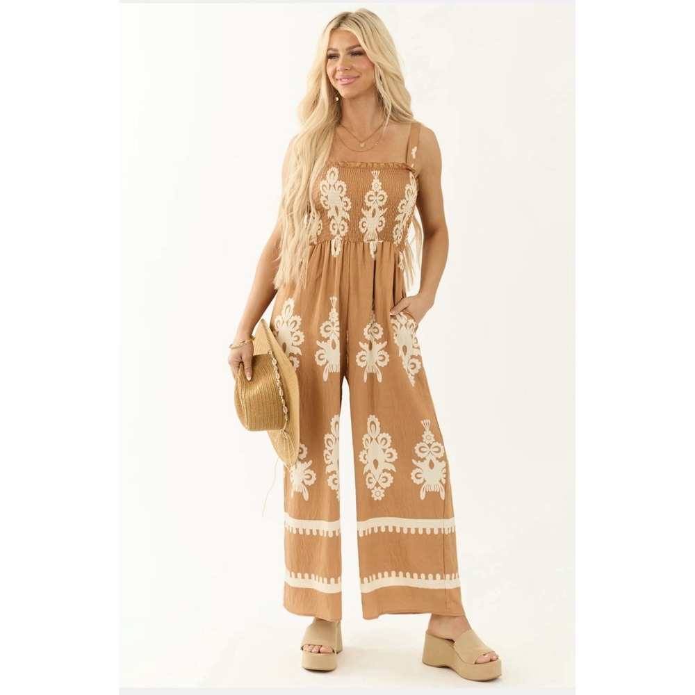 NWT Umgee Smocked Wide Leg Jumpsuit Women's LARGE Caramel Abstract Print